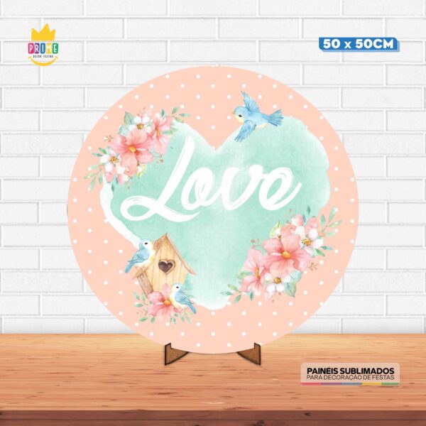 Painel Redondo 3D Love Tecido 50cm X 50cm Com Suporte MDF