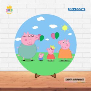 Painel Redondo 3D Peppa Pig Tecido 50cm X 50cm Com Suporte MDF