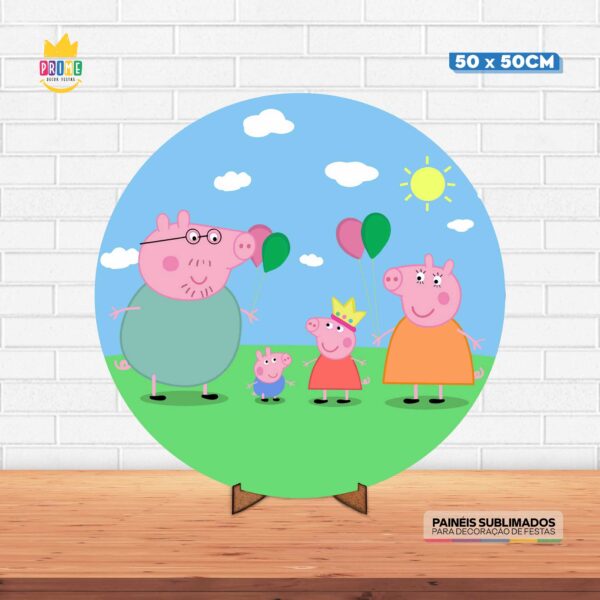 Painel Redondo 3D Peppa Pig Tecido 50cm X 50cm Com Suporte MDF