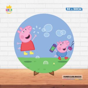 Painel Redondo 3D Peppa Pig Tecido 50cm X 50cm Com Suporte MDF