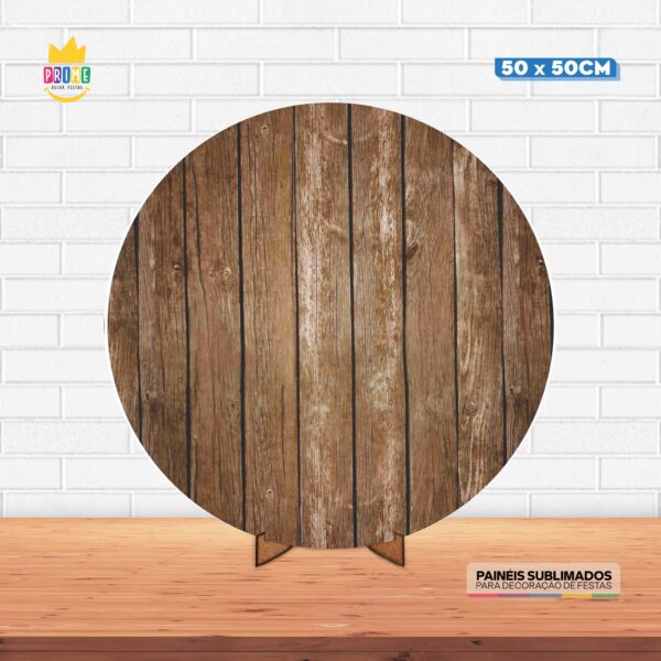 Painel Redondo 3D Madeira Escura Tecido 50cm X 50cm Com Suporte MDF