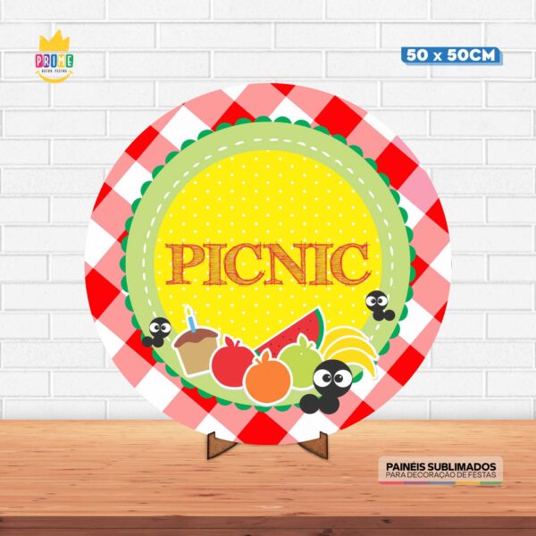 Painel Redondo 3D Picnic Tecido 50cm X 50cm Com Suporte MDF