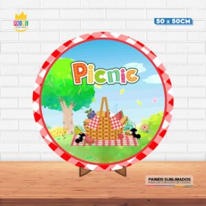Painel Redondo 3D Picnic Tecido 50cm X 50cm Com Suporte MDF
