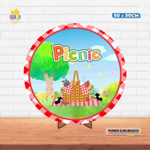 Painel Redondo 3D Picnic Tecido 50cm X 50cm Com Suporte MDF