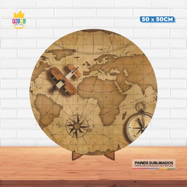 Painel Redondo 3D Mapa Mundi Tecido 50cm X 50cm Com Suporte MDF