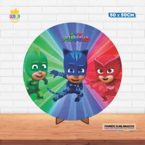 Painel Redondo 3D PJ Masks  Tecido 50cm X 50cm Com Suporte MDF