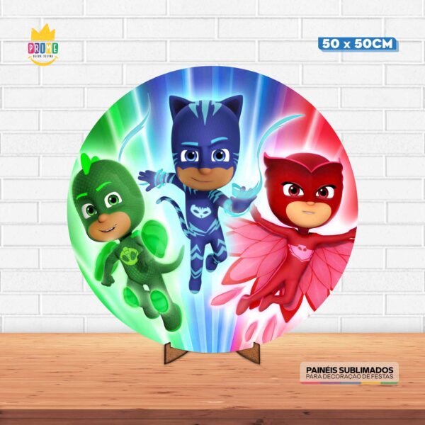 Painel Redondo 3D PJ Masks  Tecido 50cm X 50cm Com Suporte MDF