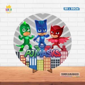 Painel Redondo 3D PJ Masks  Tecido 50cm X 50cm Com Suporte MDF