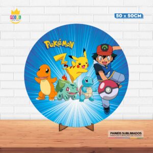 Painel Redondo 3D Pokemon Tecido 50cm X 50cm Com Suporte MDF