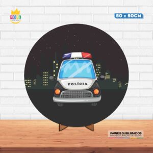 Painel Redondo 3D Policia Tecido 50cm X 50cm Com Suporte MDF