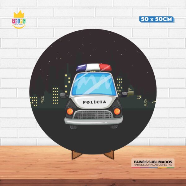 Painel Redondo 3D Policia Tecido 50cm X 50cm Com Suporte MDF