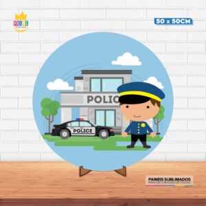 Painel Redondo 3D Policia Tecido 50cm X 50cm Com Suporte MDF