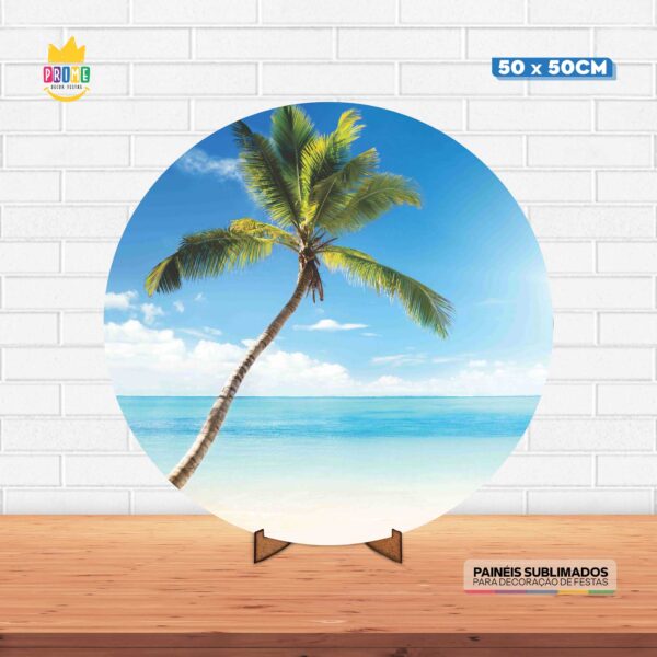 Painel Redondo 3D Praia Tecido 50cm X 50cm Com Suporte MDF