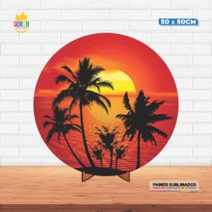 Painel Redondo 3D Praia Tecido 50cm X 50cm Com Suporte MDF