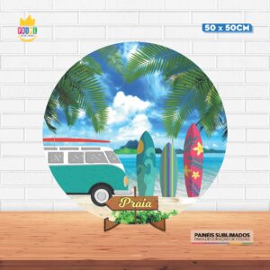 Painel Redondo 3D Praia Tecido 50cm X 50cm Com Suporte MDF
