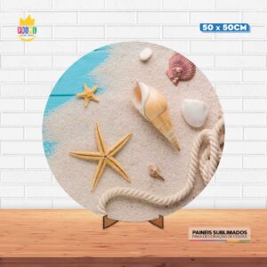 Painel Redondo 3D Praia Tecido 50cm X 50cm Com Suporte MDF