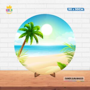 Painel Redondo 3D Praia Tecido 50cm X 50cm Com Suporte MDF