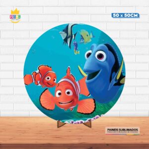Painel Redondo 3D Procurando Nemo Tecido 50cm X 50cm Com Suporte MDF