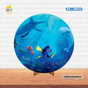 Painel Redondo 3D Procurando Nemo Tecido 50cm X 50cm Com Suporte MDF