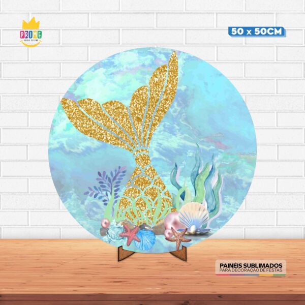 Painel Redondo 3D Cauda Sereia Tecido 50cm X 50cm Com Suporte MDF