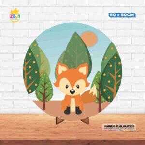 Painel Redondo 3D Raposinha Tecido 50cm X 50cm Com Suporte MDF
