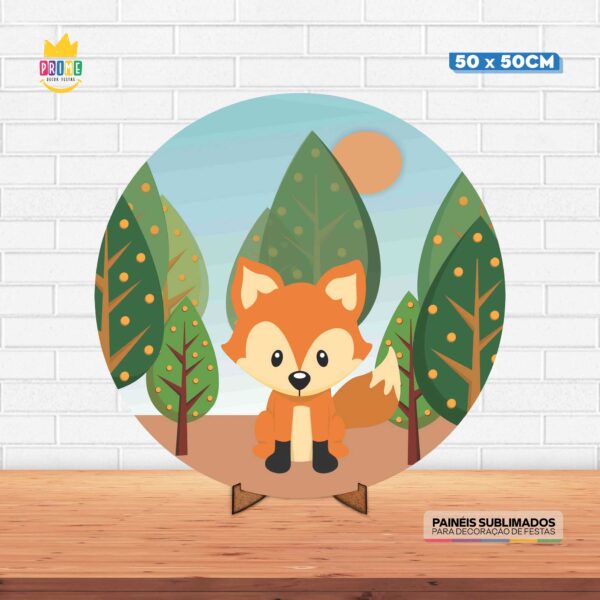 Painel Redondo 3D Raposinha Tecido 50cm X 50cm Com Suporte MDF