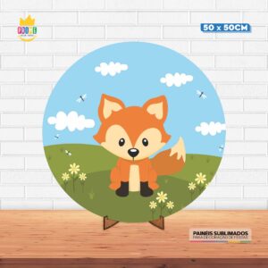 Painel Redondo 3D Raposinha Tecido 50cm X 50cm Com Suporte MDF