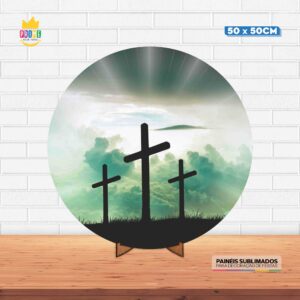 Painel Redondo 3D Religioso Cruz Tecido 50cm X 50cm Com Suporte MDF