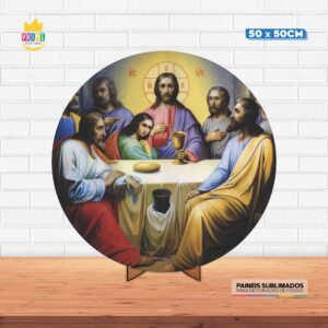 Painel Redondo 3D Religioso Tecido 50cm X 50cm Com Suporte MDF