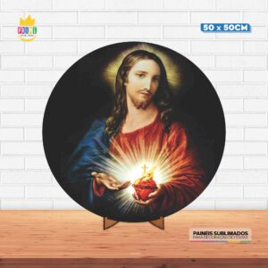 Painel Redondo 3D Religioso Jesus Tecido 50cm X 50cm Com Suporte MDF