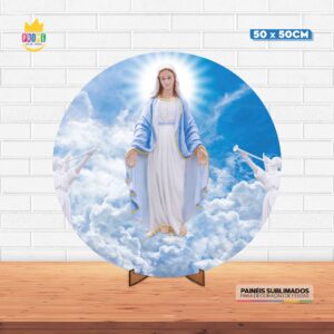 Painel Redondo 3D Religioso Maria Tecido 50cm X 50cm Com Suporte MDF
