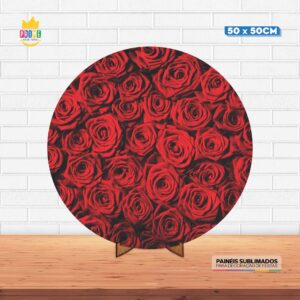 Painel Redondo 3D Rosas Vermelha Tecido 50cm X 50cm Com Suporte MDF
