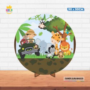 Painel Redondo 3D Safari Tecido 50cm X 50cm Com Suporte MDF