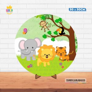 Painel Redondo 3D Safari Tecido 50cm X 50cm Com Suporte MDF