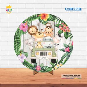 Painel Redondo 3D Safari Tecido 50cm X 50cm Com Suporte MDF