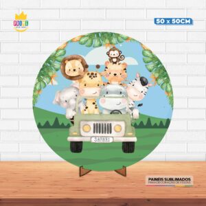 Painel Redondo 3D Safari Tecido 50cm X 50cm Com Suporte MDF