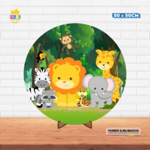 Painel Redondo 3D Safari Tecido 50cm X 50cm Com Suporte MDF