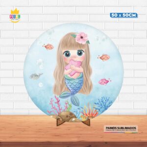 Painel Redondo 3D Sereia Cute Tecido 50cm X 50cm Com Suporte MDF