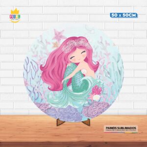 Painel Redondo 3D Sereia Cute Tecido 50cm X 50cm Com Suporte MDF