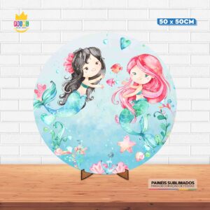 Painel Redondo 3D Sereia Cute Tecido 50cm X 50cm Com Suporte MDF