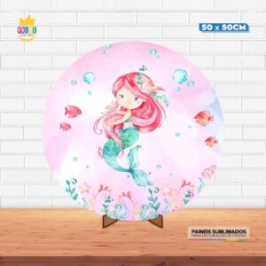 Painel Redondo 3D Sereia Cute Tecido 50cm X 50cm Com Suporte MDF
