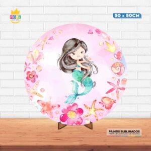 Painel Redondo 3D Sereia Cute Tecido 50cm X 50cm Com Suporte MDF