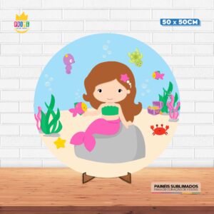 Painel Redondo 3D Sereia Cute Tecido 50cm X 50cm Com Suporte MDF