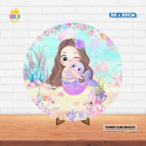 Painel Redondo 3D Sereia Cute Tecido 50cm X 50cm Com Suporte MDF