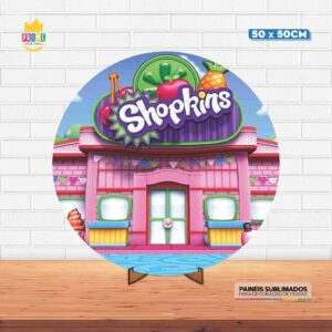 Painel Redondo 3D Shoppkins Tecido 50cm X 50cm Com Suporte MDF