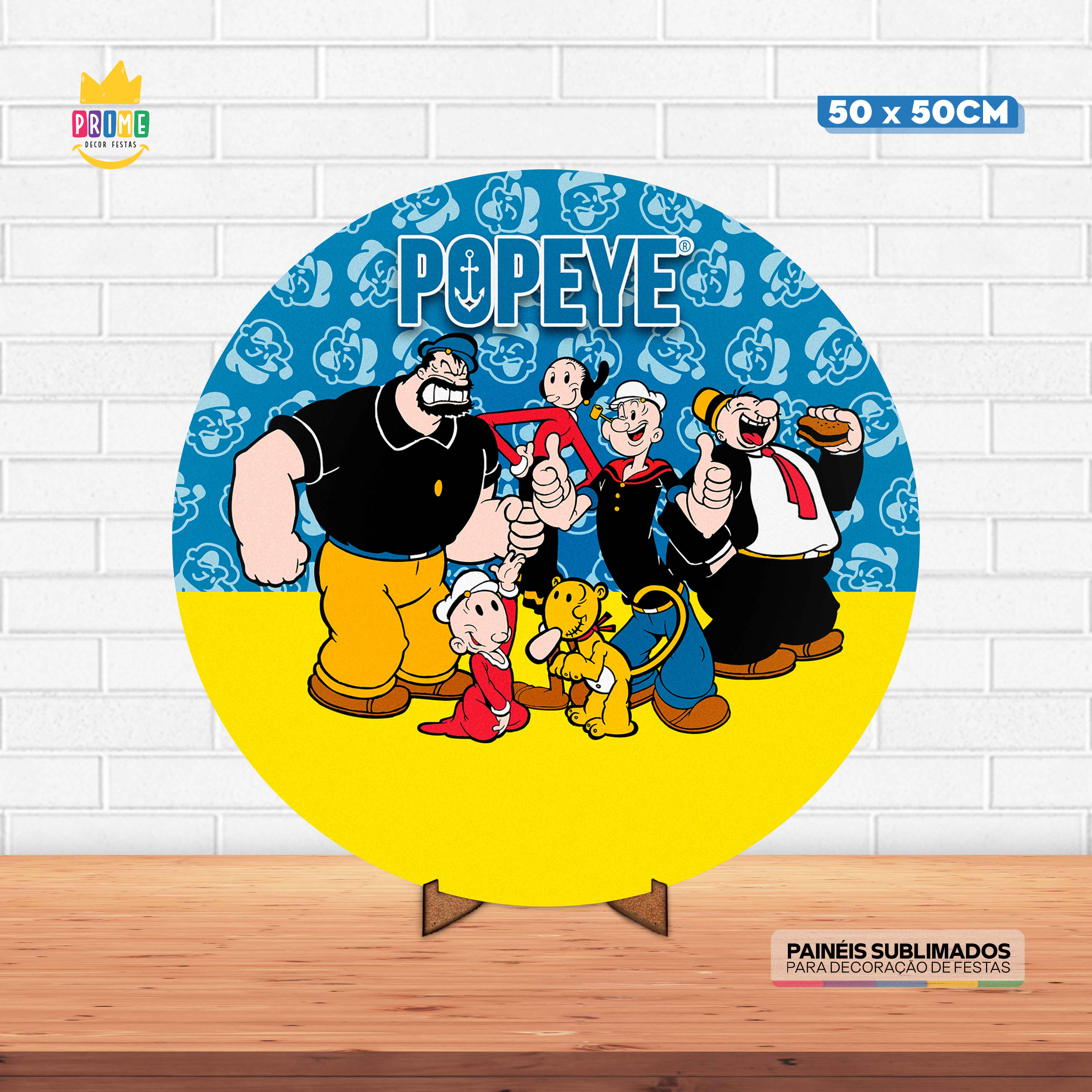Painel Redondo 3D Popeye Tecido 50cm X 50cm Com Suporte MDF