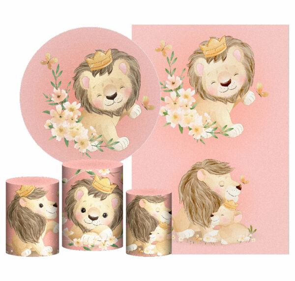 Kit Casado Leãozinho Cute Painel Redondo Trio Capas Cilindro Retangular Vertical Em Tecido