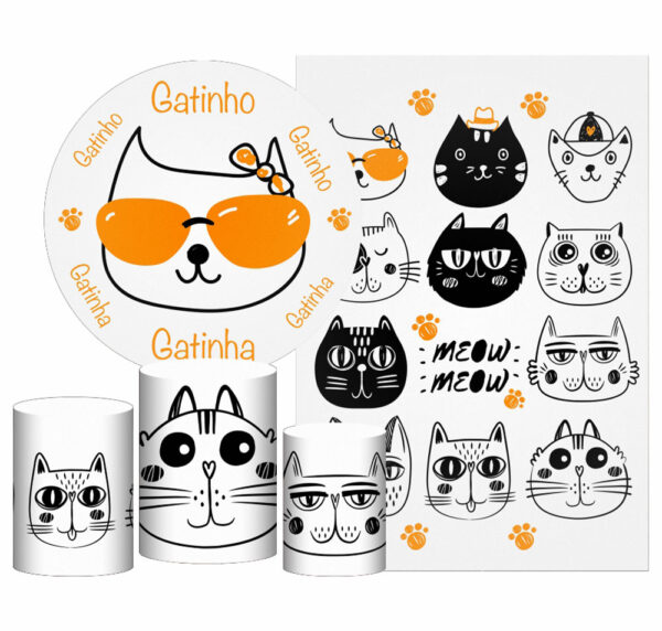 Kit Casado Gatos Painel Redondo Trio Capas Cilindro Retangular Vertical Em Tecido