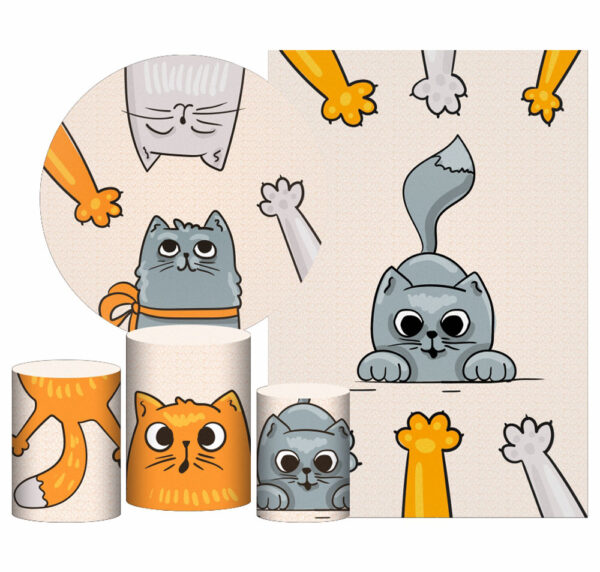 Kit Casado Gatos Painel Redondo Trio Capas Cilindro Retangular Vertical Em Tecido