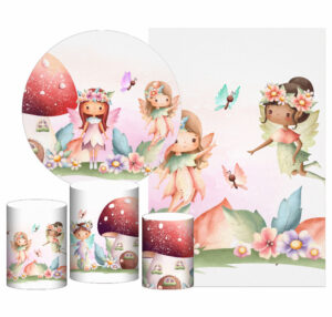 Kit Casado Fadas Painel Redondo Trio Capas Cilindro Retangular Vertical Em Tecido